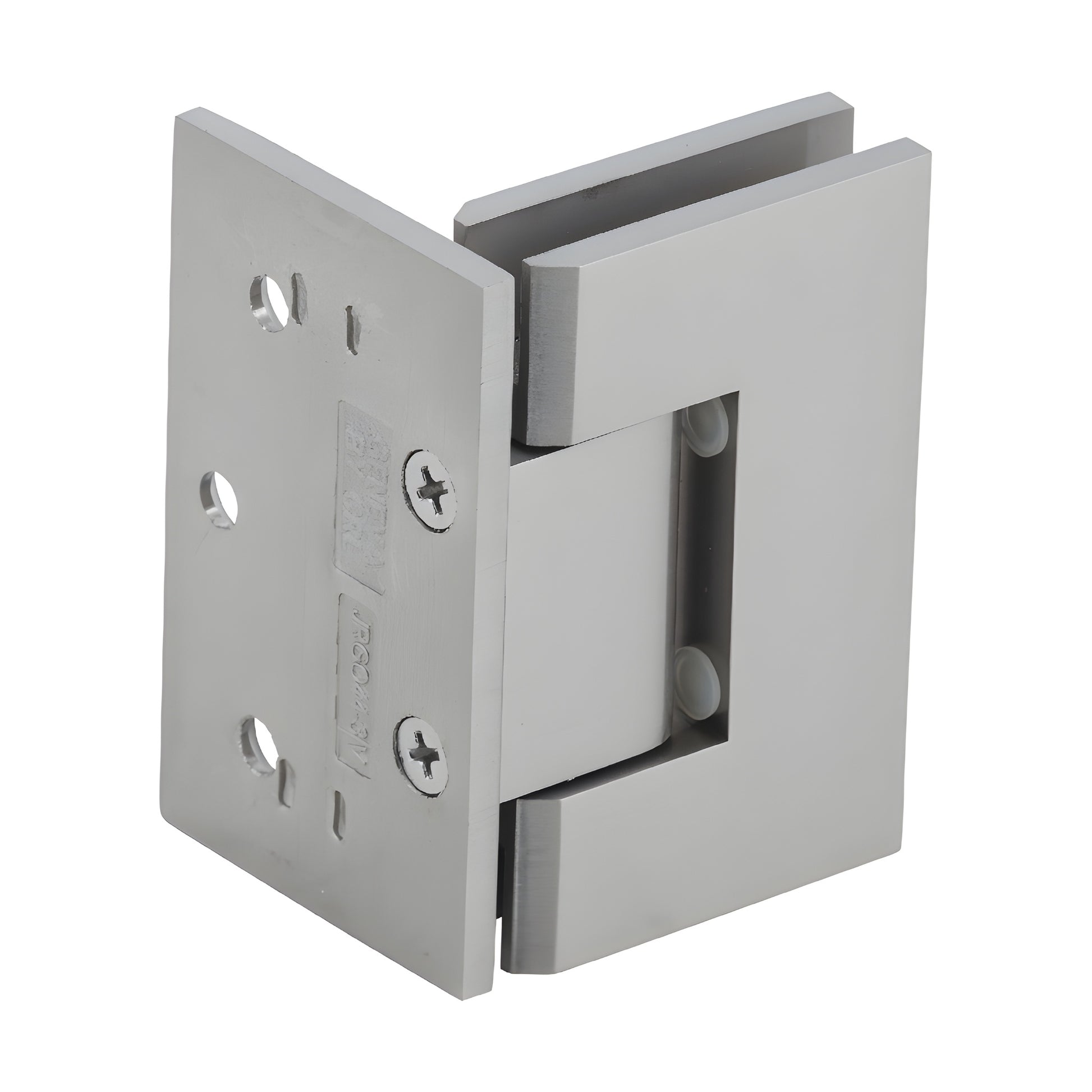 JRG044BN Brushed nickel Junior Geneva wall-mount shower hinge for 1/4-5/16" glass, offset back plate.