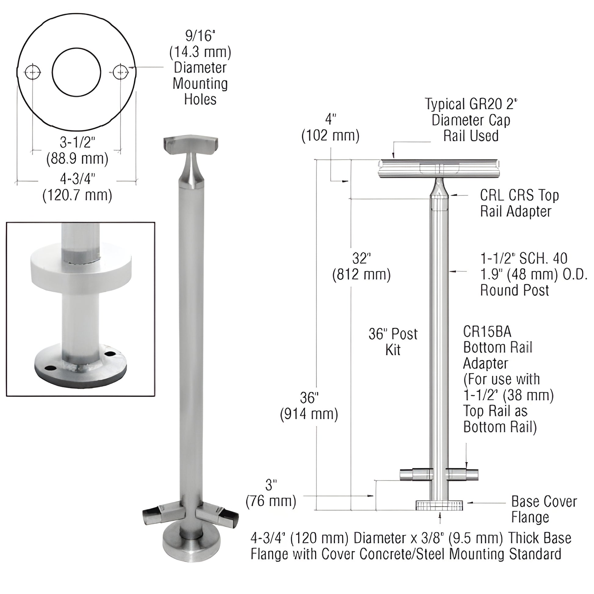CR36AKBS stainless steel 36-inch surface-mounted handrail/guardrail post kit with base flange and adapters
