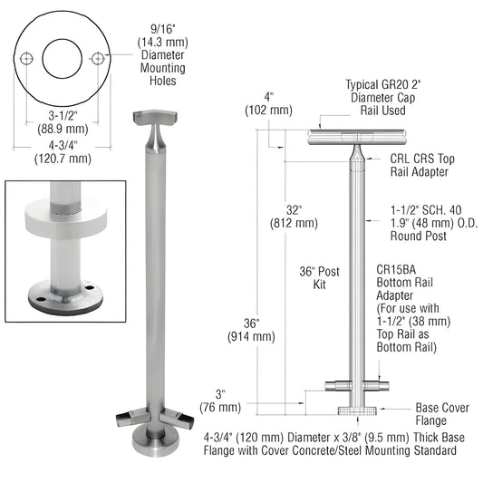 CR36AKBS stainless steel 36-inch surface-mounted handrail/guardrail post kit with base flange and adapters