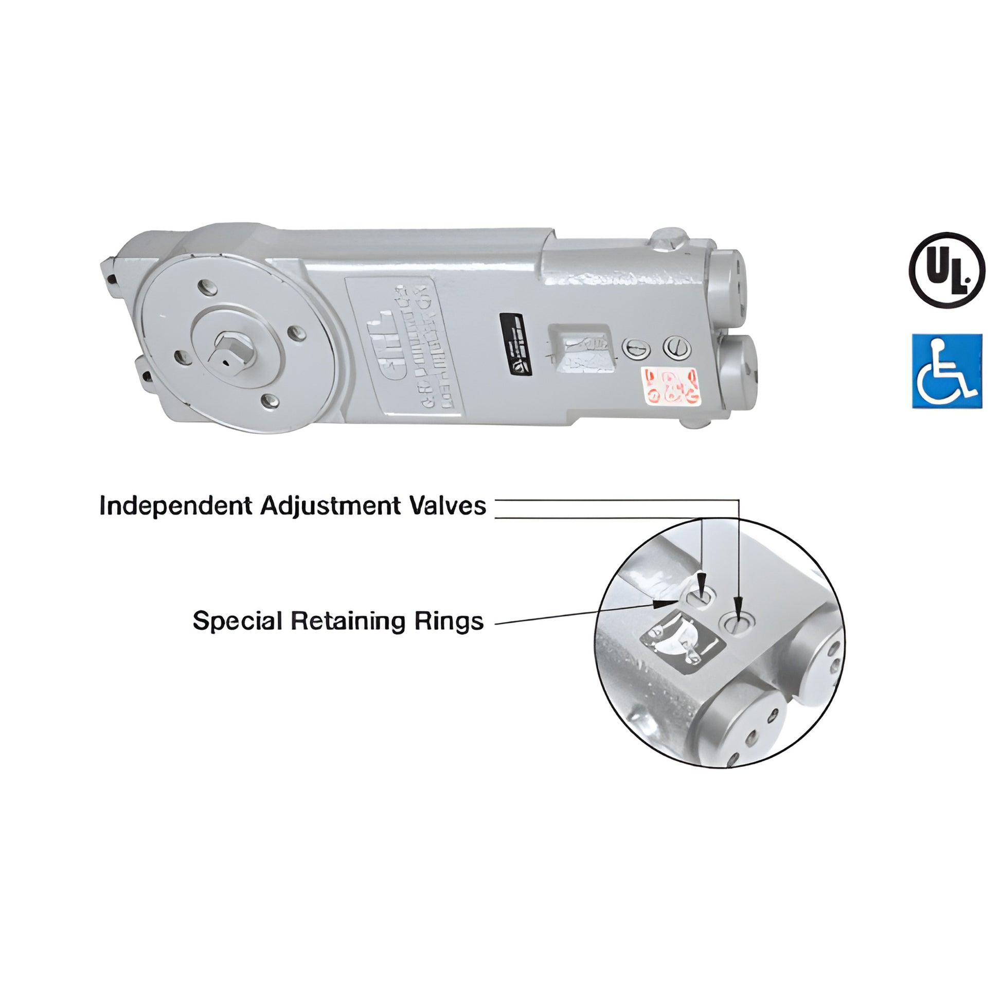 CRL7670 overhead concealed door closer, gray aluminum body with diamond spindle, UL and ADA icons.