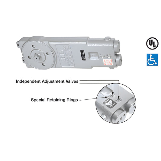 CRL7672 overhead concealed door closer in light gray, shown with close-up of adjustment valves and retaining rings.