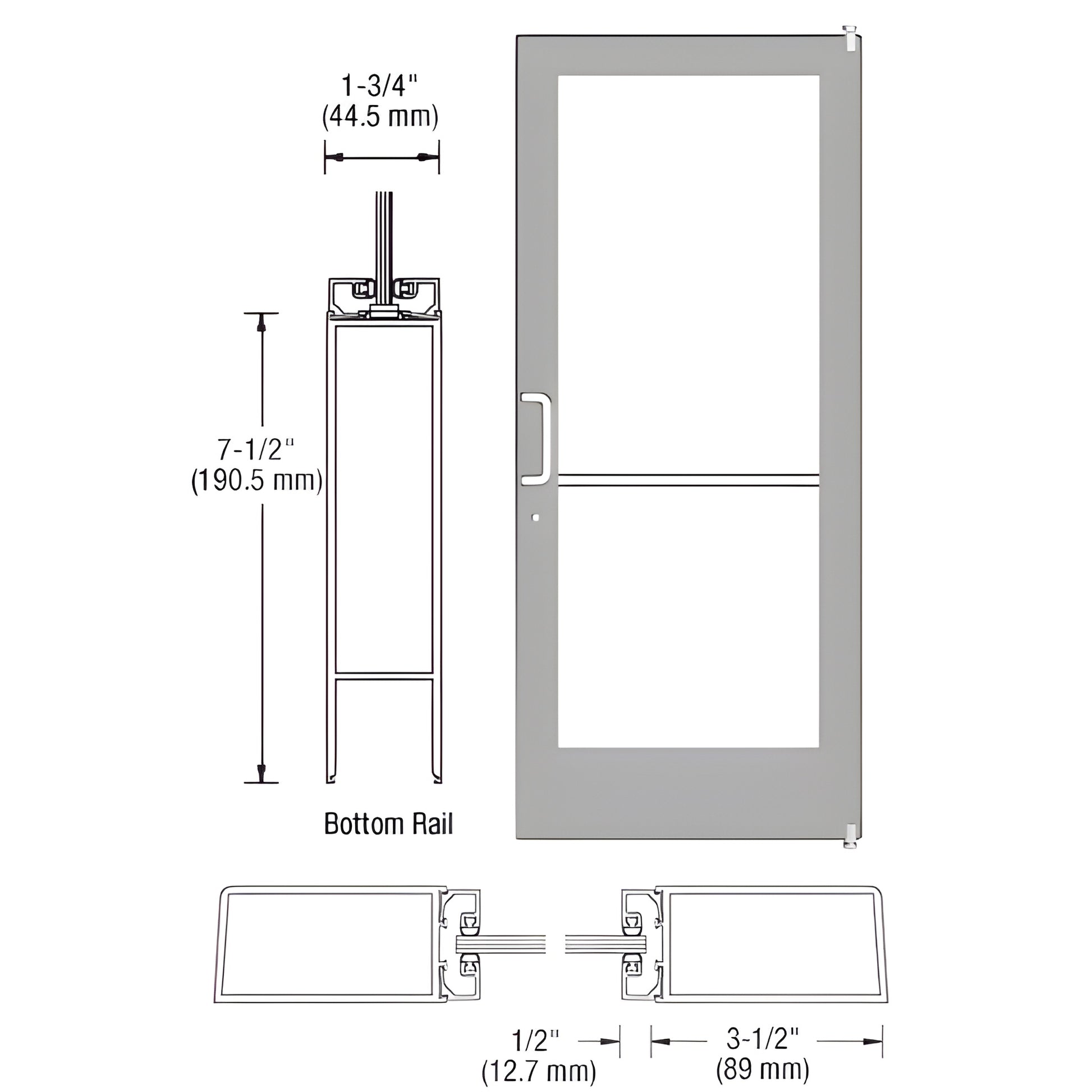 Clear anodized aluminum medium-stile storefront entrance door with 1/4" tempered glass and 7-1/2" bottom rail, SKU HE41211L03