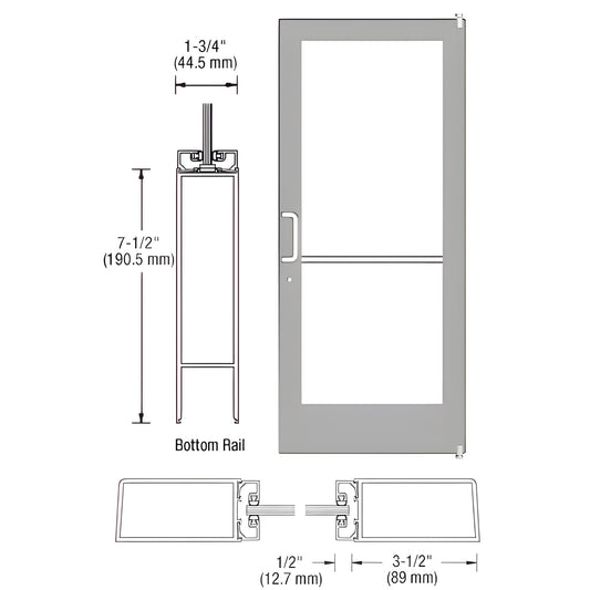 Clear anodized aluminum medium-stile storefront entrance door with 1/4" tempered glass and 7-1/2" bottom rail, SKU HE41211L03