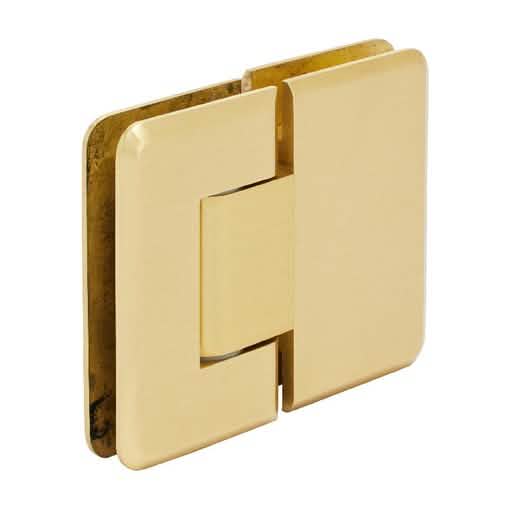 Satin Brass Pinnacle 380 Glass Hinge - 180° adjustable, sleek design for modern spaces.