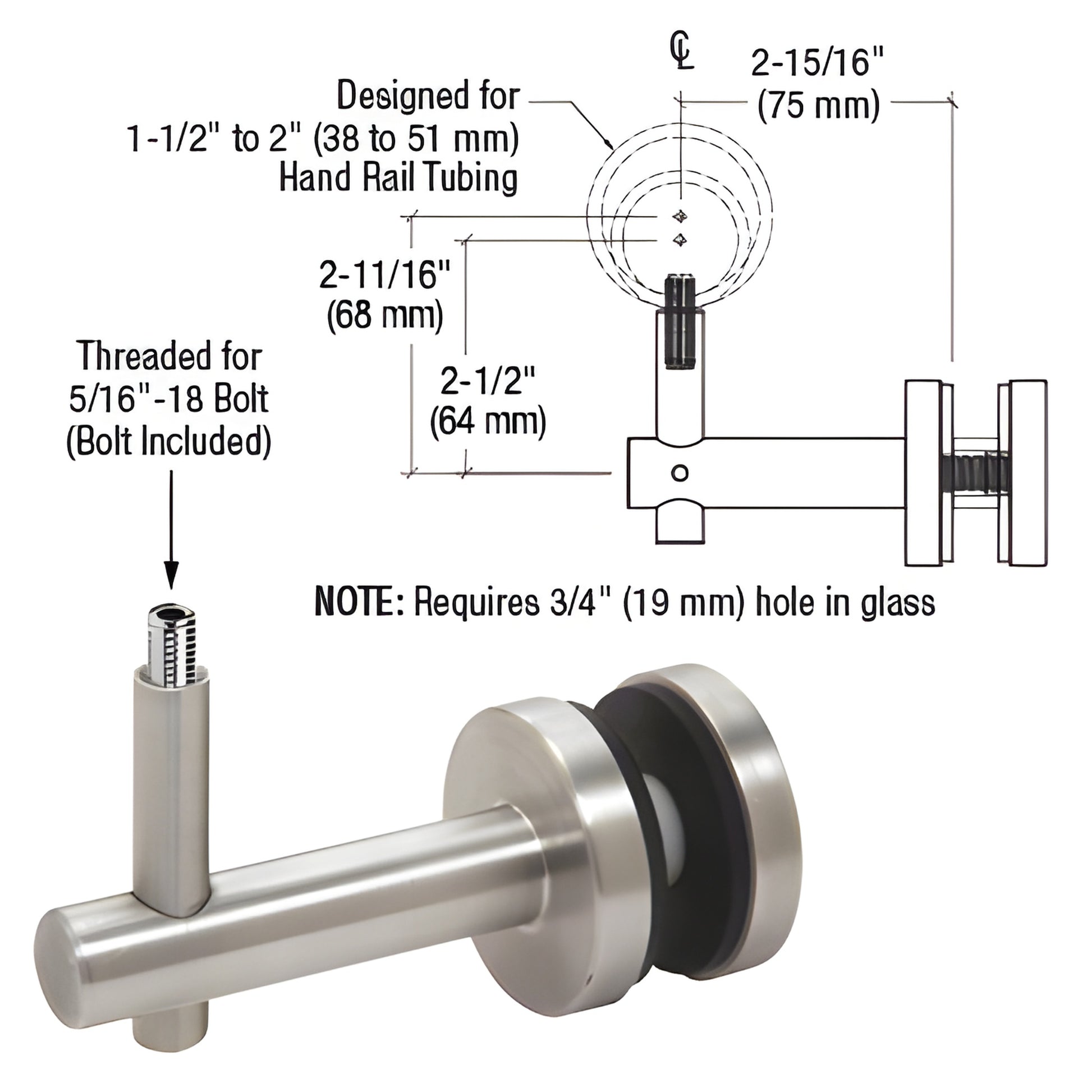 HR2FGBS brushed stainless steel glass-mounted handrail bracket, fits 1-1/2 to 2" tubing, requires 3/4" hole in glass