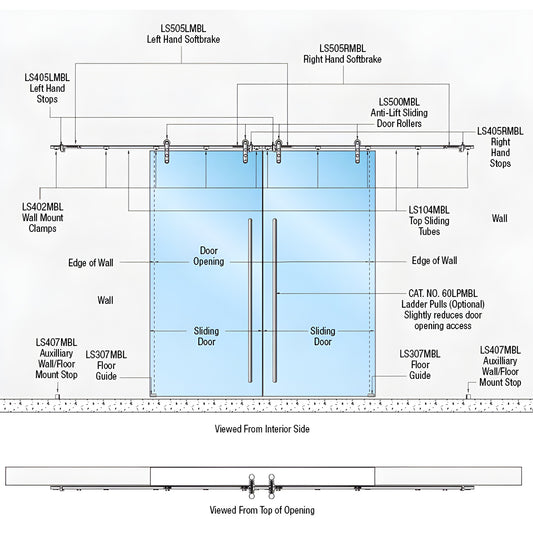 LSWM8MBL Laguna wall-mount bi-parting softbrake slider diagram, matte black stainless hardware for 3/8-1/2 tempered glass