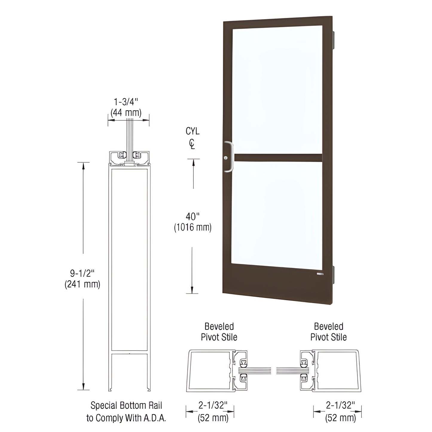 Black bronze narrow-stile commercial entrance door with 9.5" ADA bottom rail, 2" stiles and large glass panel (SKU CZ21522)