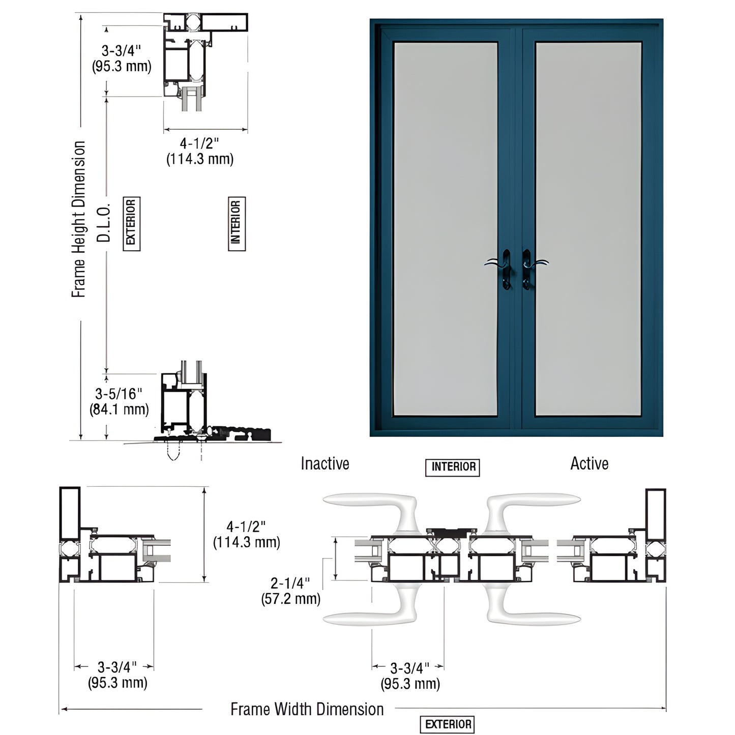 CRL Series 925 blue pair patio door (SKU PL92271P0), thermally broken aluminum frame, accepts 1" IG, seven point lock, low th