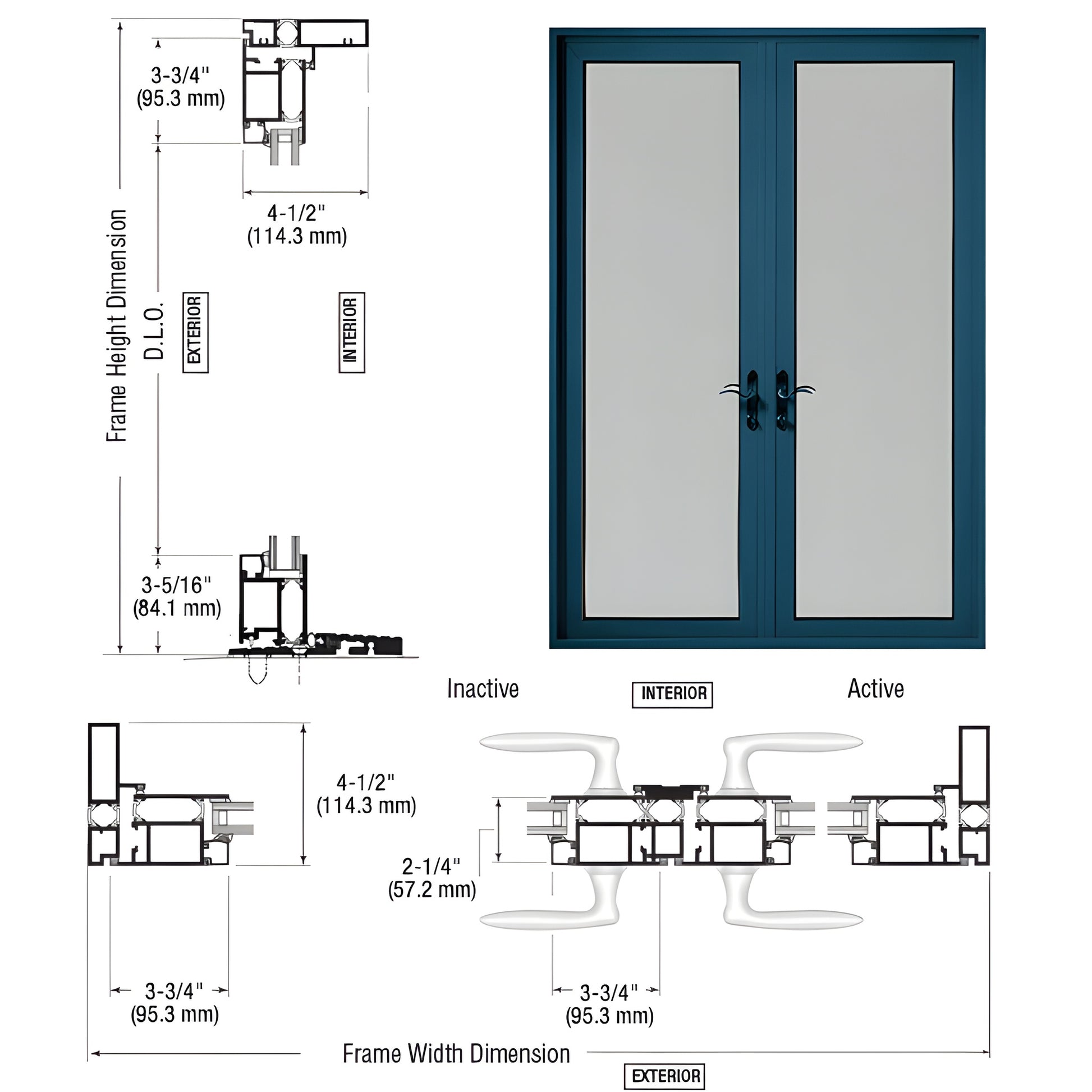 CRL Series 925 blue pair patio door (SKU PL92271P0), thermally broken aluminum frame, accepts 1" IG, seven point lock, low th
