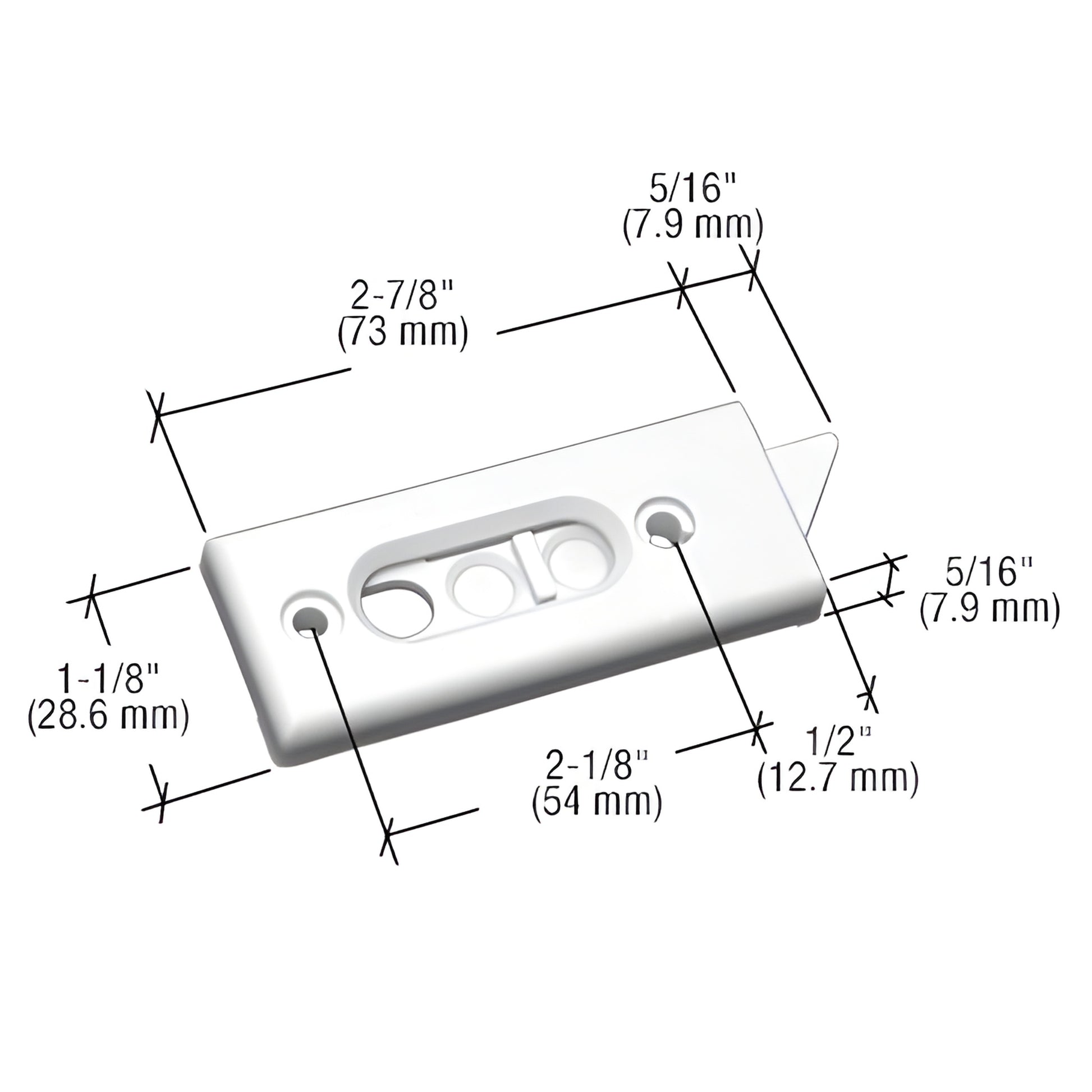 White vinyl tilt window latch (SKU F2627), low-profile spring-loaded sash latch, 2-7/8in long, left & right pair.