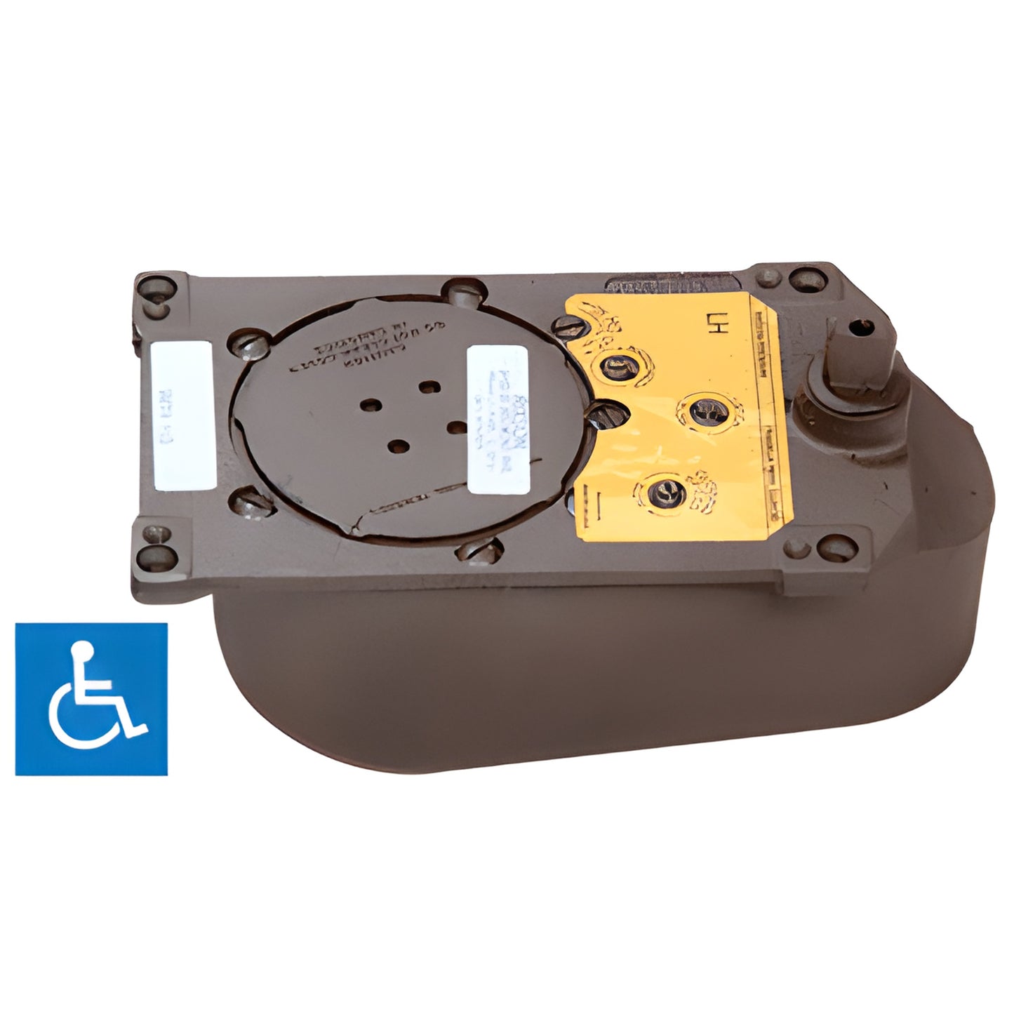 Rixson Model 28 center-hung floor door closer, brown housing with yellow valve plate, ADA compatible. SKU PH28105SH0LH85