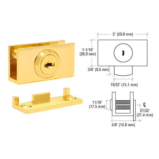Polished brass cam lock (SKU EH96) for 1/4" or 3/8" showcase glass, keyed cylinder, includes stop plate and gaskets.