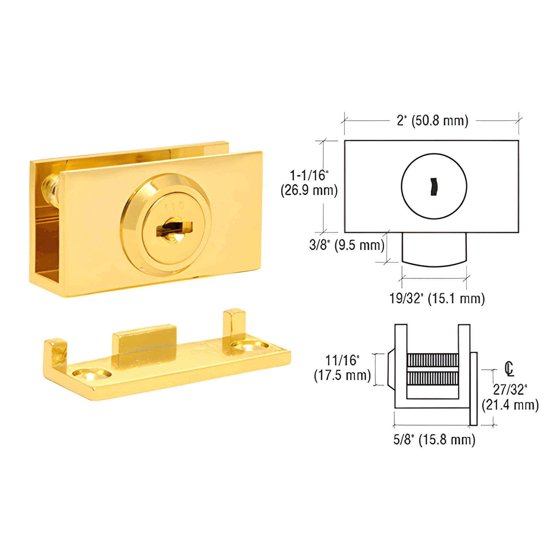 EH96KA polished brass cam lock for 1/4"-3/8" (6-10mm) glass display cases with matching strike plate.