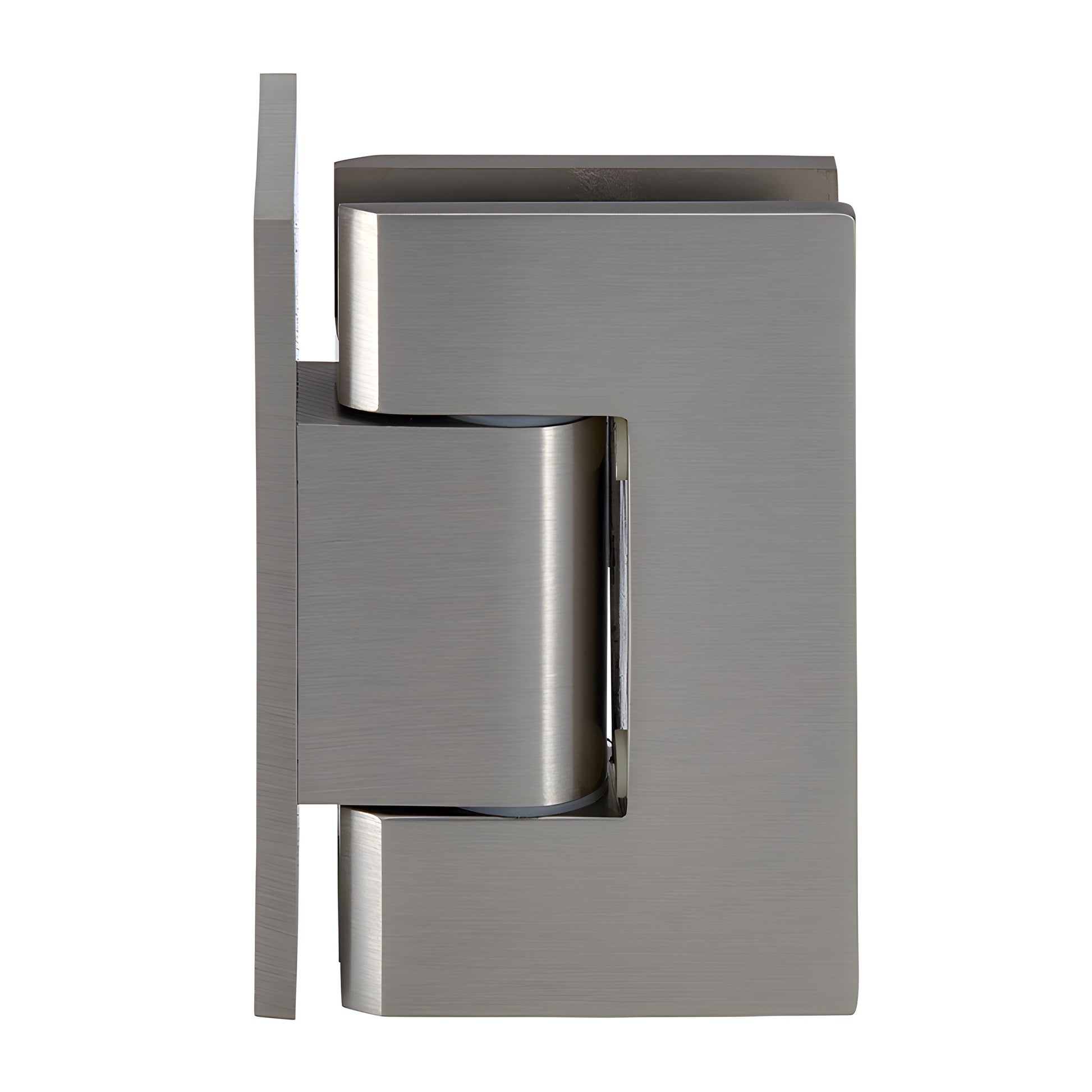 GEN344BN brushed-nickel adjustable Geneva shower door hinge for 8-12mm glass, solid brass, square-edge design.