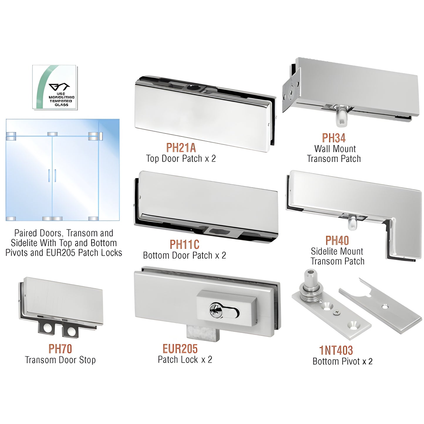 PHE7LBS stainless steel double-door pivot kit: top/bottom patches, transom & sidelite patches, pivots and EUR205 locks for 10
