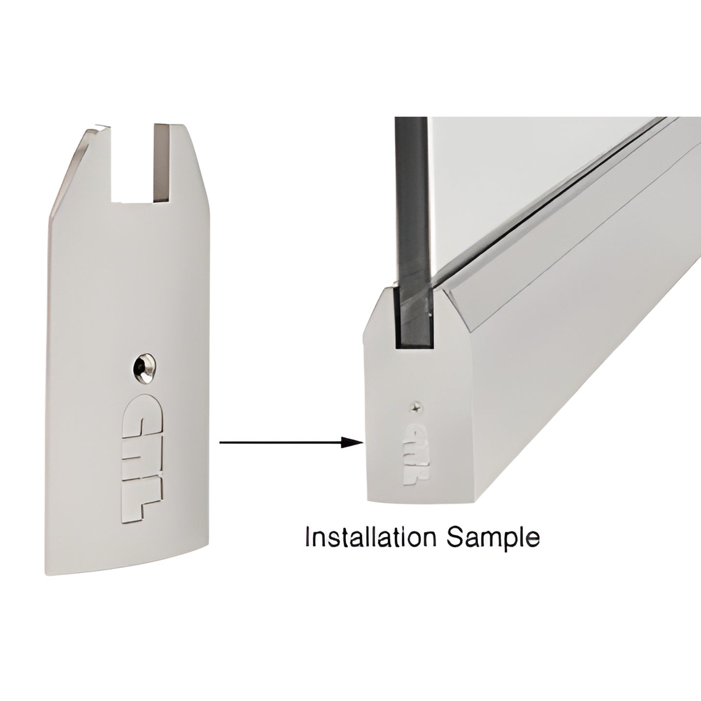 Brushed stainless steel 4-inch tapered end cap for Wedge-Lock sidelite rails, SKU SREC4TBS34 - installation sample.