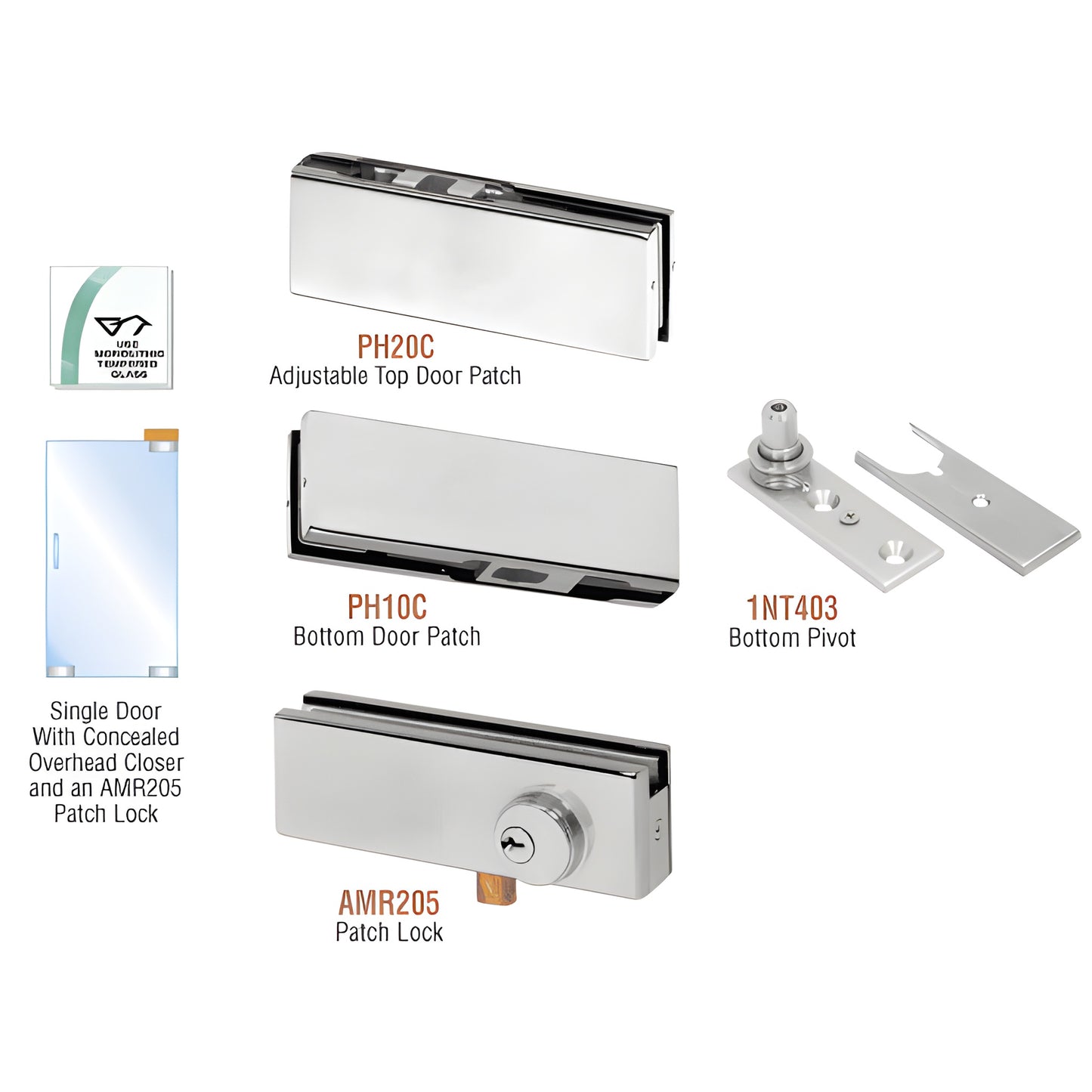 PHA2LBS stainless steel patch kit for single frameless glass pivot door: PH20C top, PH10C bottom, 1NT403 pivot, AMR205 lock