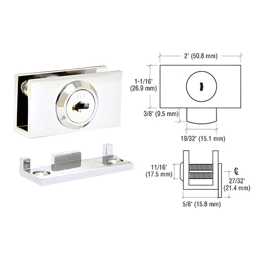 Polished chrome CRL cam lock for 1/4"-3/8" glass with matching stop plate and dimension drawing (SKU EH98KA)