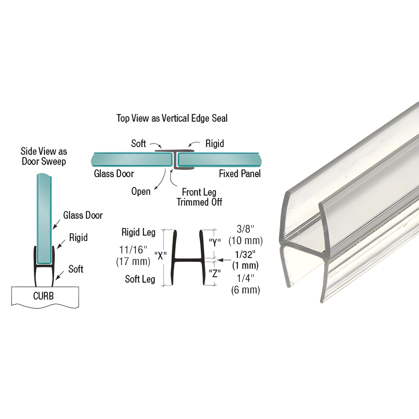 P312HW clear polycarbonate H-shaped glass door sweep/edge seal, 8mm glazing, 95in length, trim-to-fit soft legs.