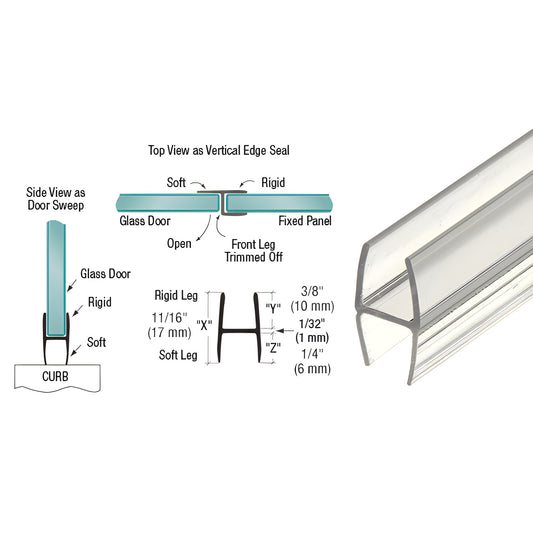 P312HW clear polycarbonate H-shaped glass door sweep/edge seal, 8mm glazing, 95in length, trim-to-fit soft legs.