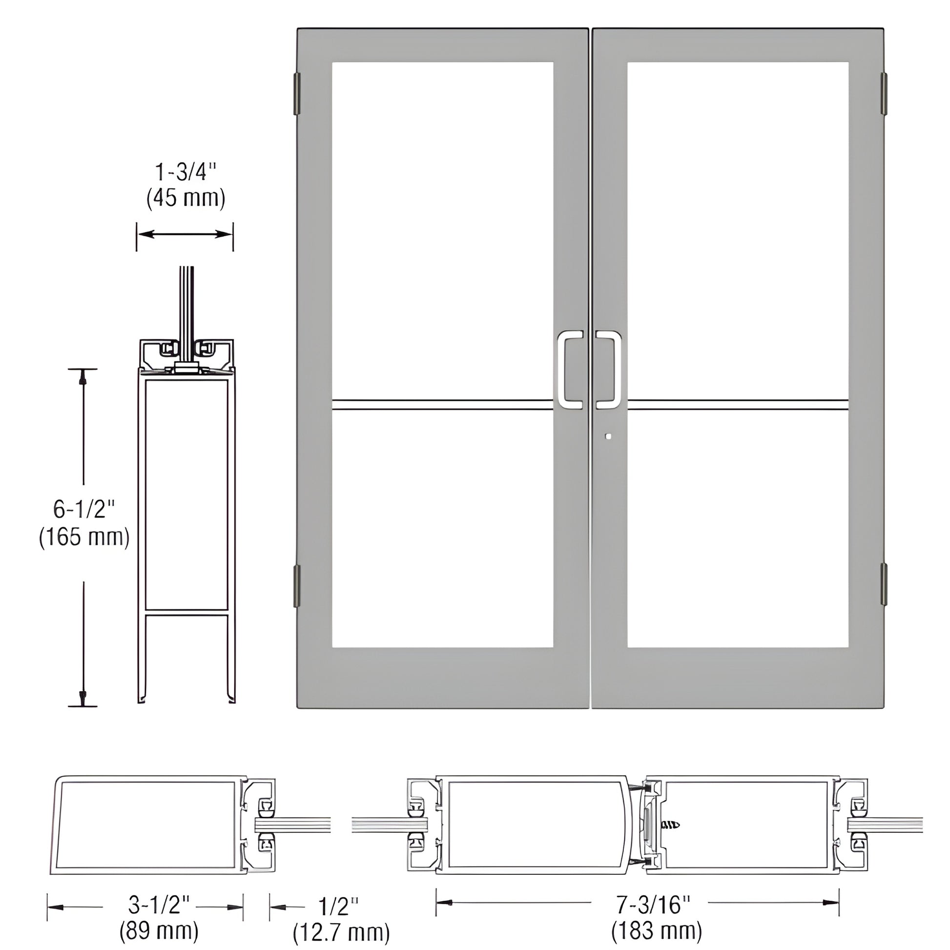 Double-door 96" medium-stile aluminum entrance, clear anodized, 36" active/72" inactive leaves with glass panels.