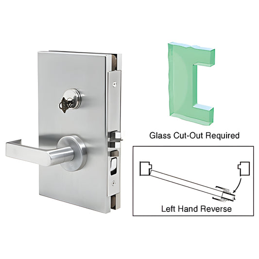 Satin anodized 6"x10" center lock (DL611L0SC) for 1/2" tempered glass, left-hand reverse, lever and deadlatch.
