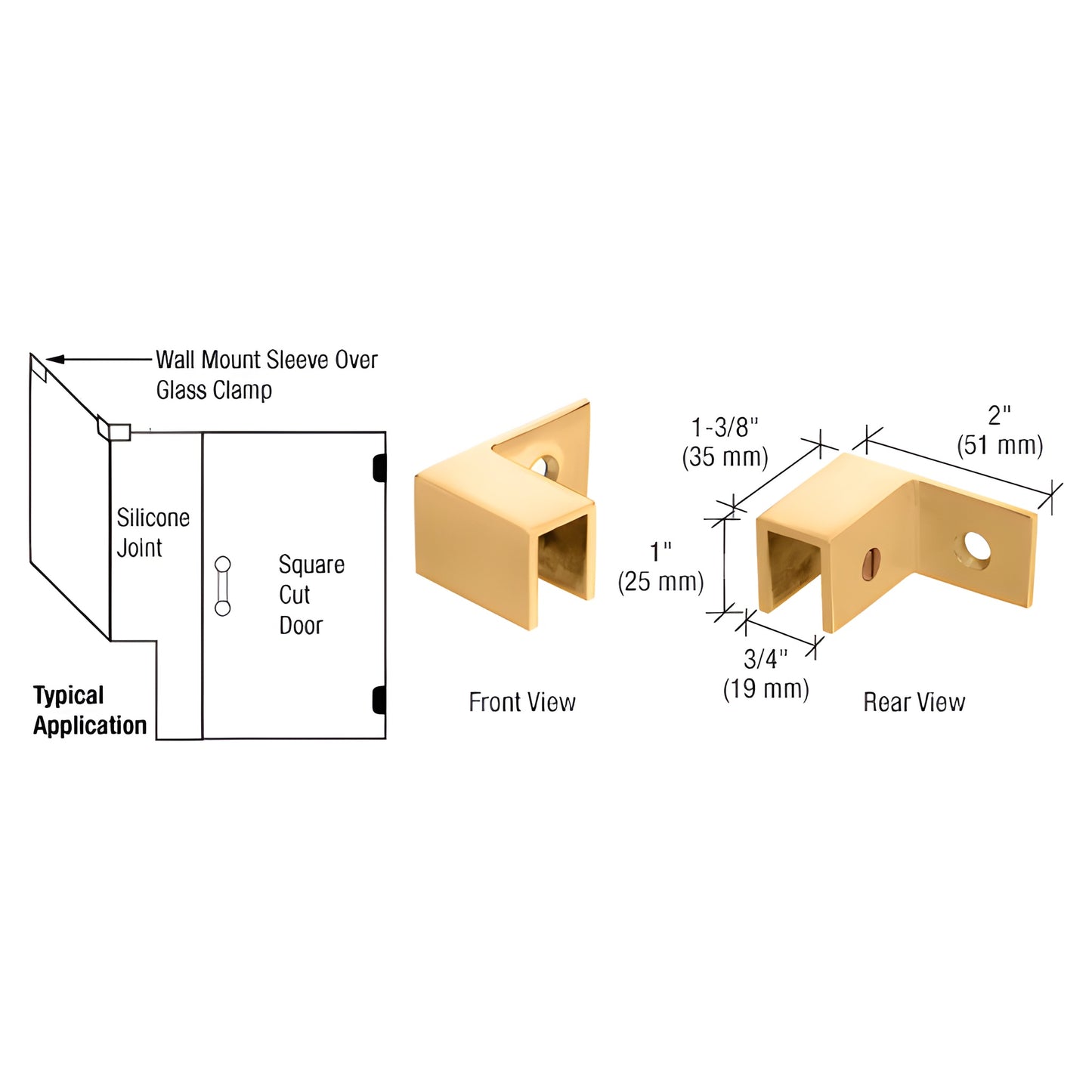 Left-hand satin brass sleeve-over-glass clamp (S0GC37LSB) for 5/16-1/2in (8-12mm) tempered shower glass, wall mount.