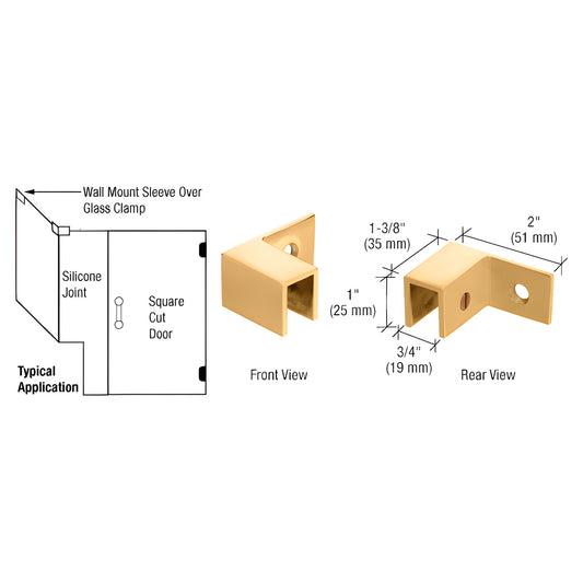 Left-hand satin brass sleeve-over-glass clamp (S0GC37LSB) for 5/16-1/2in (8-12mm) tempered shower glass, wall mount.