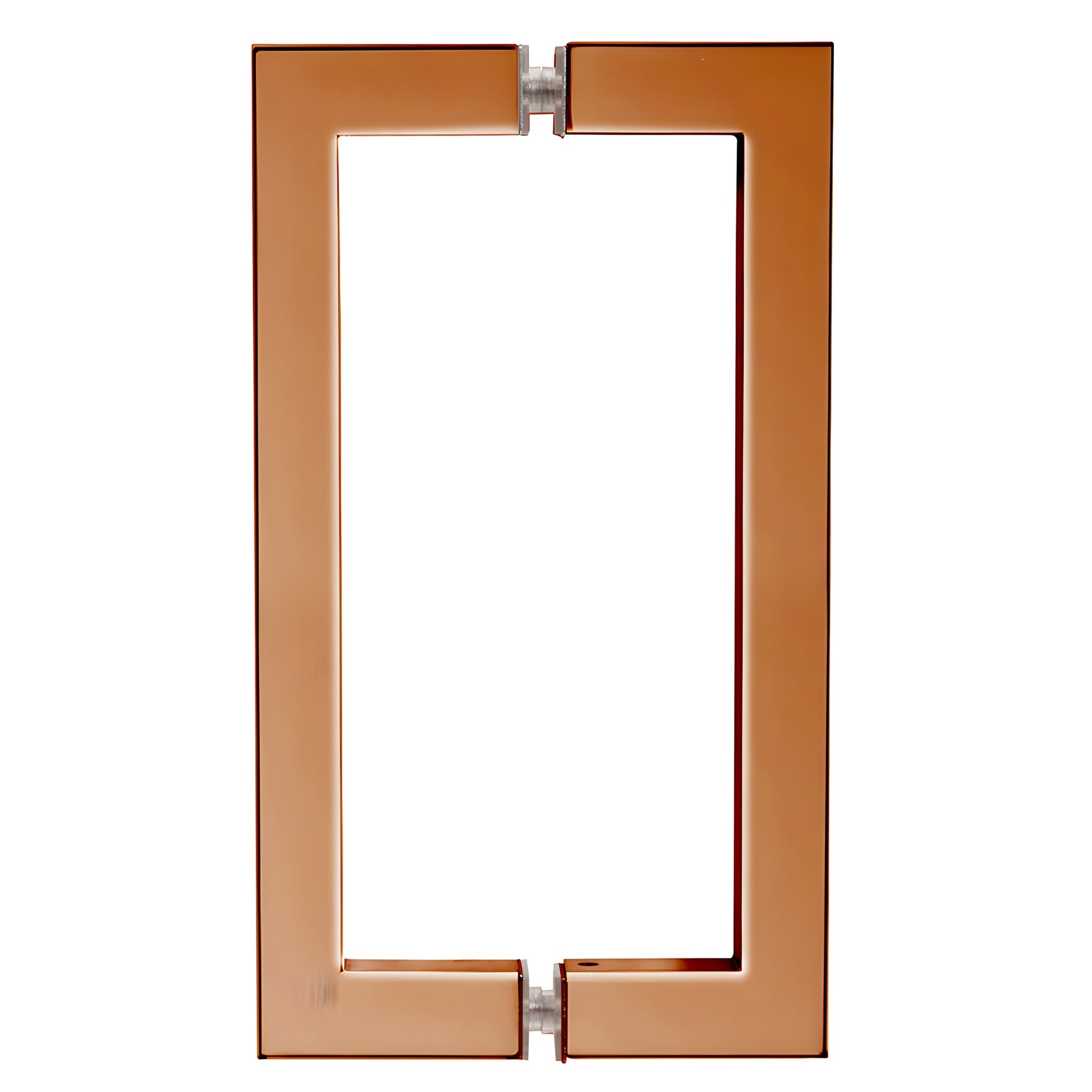 Rose gold square-corner glass door pull handle, 8 in center-to-center, brass tubular construction - SKU SQ8X8RG