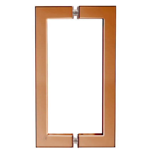 Rose gold square-corner glass door pull handle, 8 in center-to-center, brass tubular construction - SKU SQ8X8RG