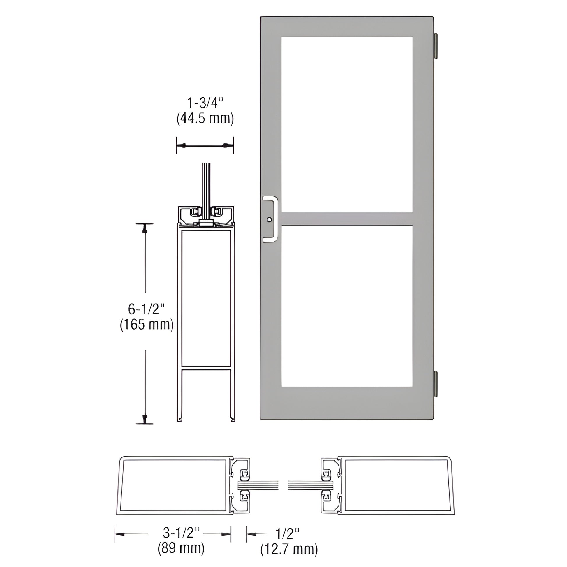 Custom medium stile entrance door, clear anodized, 3.5" stiles, 6.5" bottom rail, fits 1/4" tempered glass. SKU DZ41511