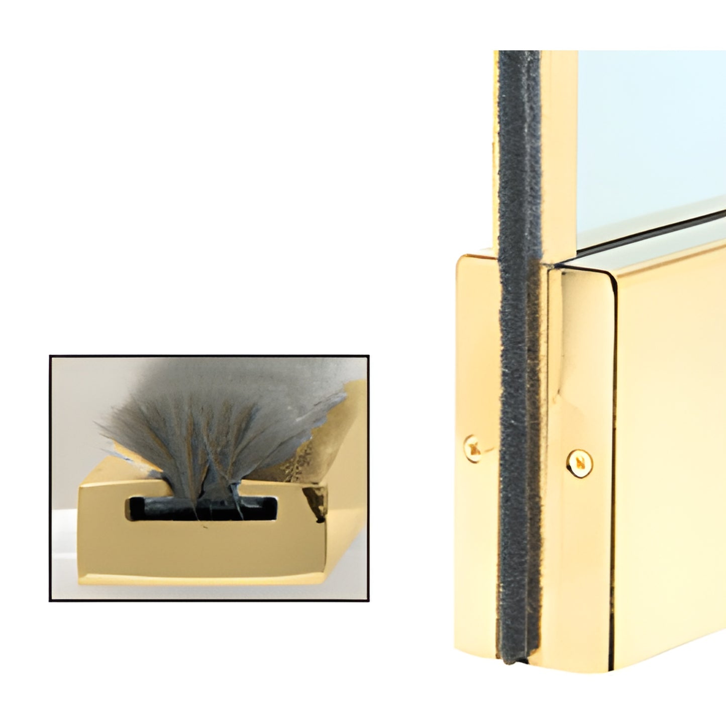Polished brass all-glass door bottom rail with gray wool-pile weatherstrip, SKU 10MSW12PB.