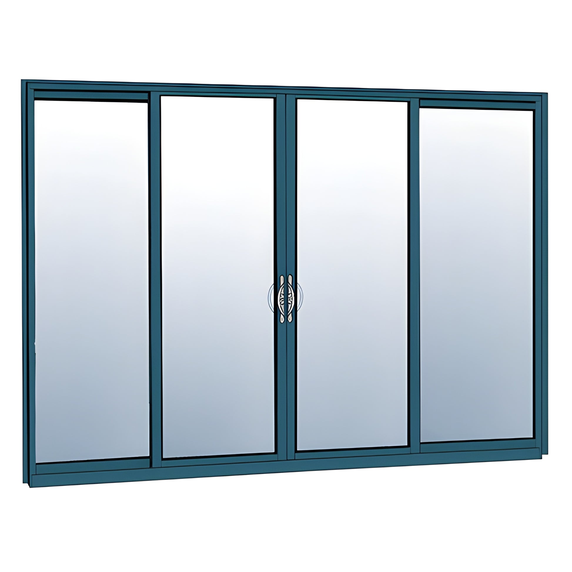 Series 3000 HS342BB71S four-panel teal Custom Kynar high-performance sliding patio door with center handles, 1" glazing
