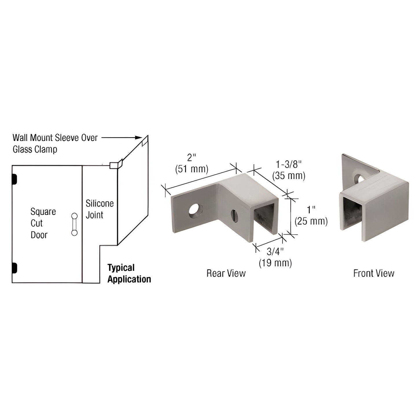 Brushed nickel solid-brass right-hand wall-mount sleeve-over glass clamp for 8-12mm glass. SKU S0GC37RBN
