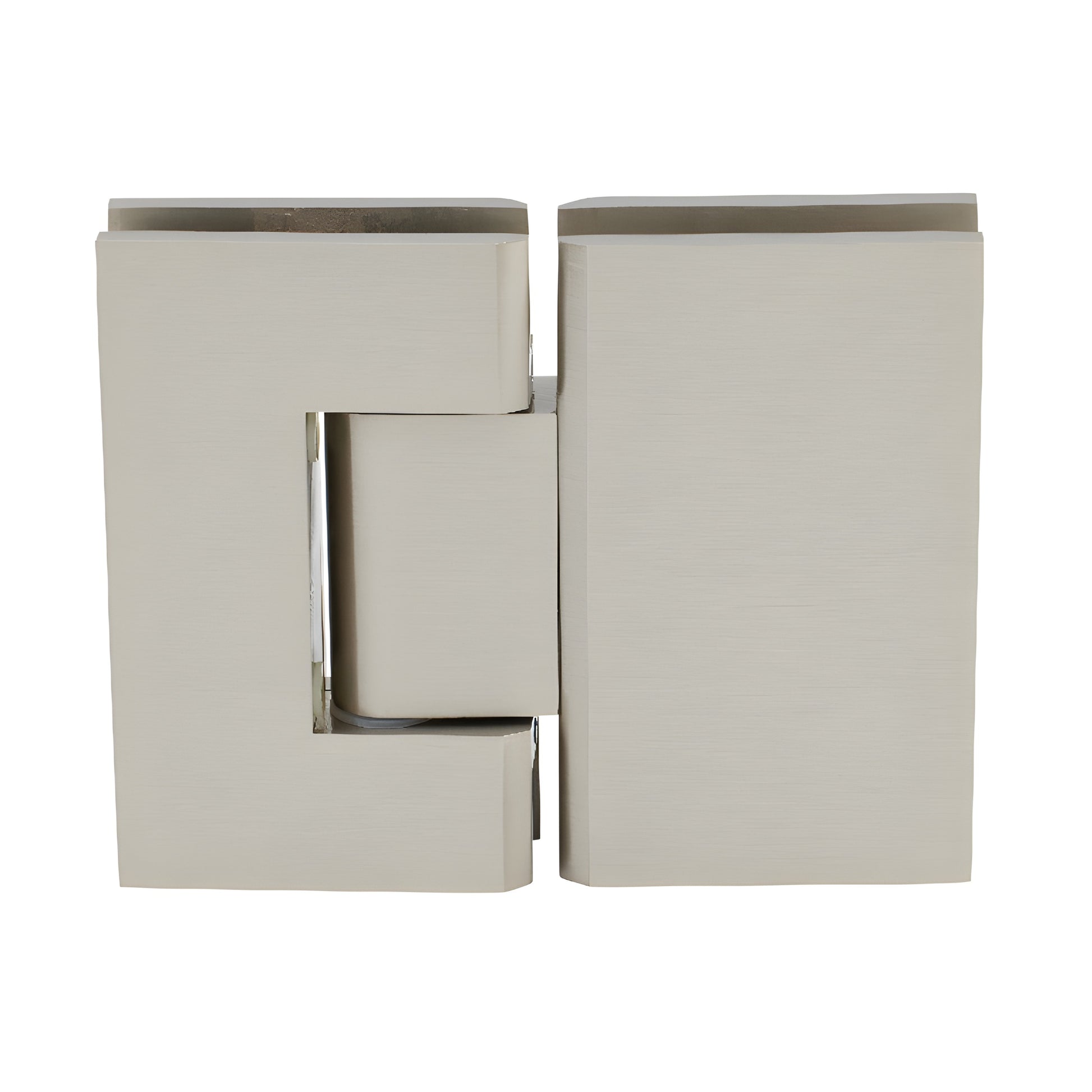 GEN580BN Geneva brushed nickel glass-to-glass shower hinge, solid brass, square-profile, 5 pre-set for 8-12mm glass