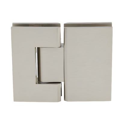 GEN580BN Geneva brushed nickel glass-to-glass shower hinge, solid brass, square-profile, 5 pre-set for 8-12mm glass