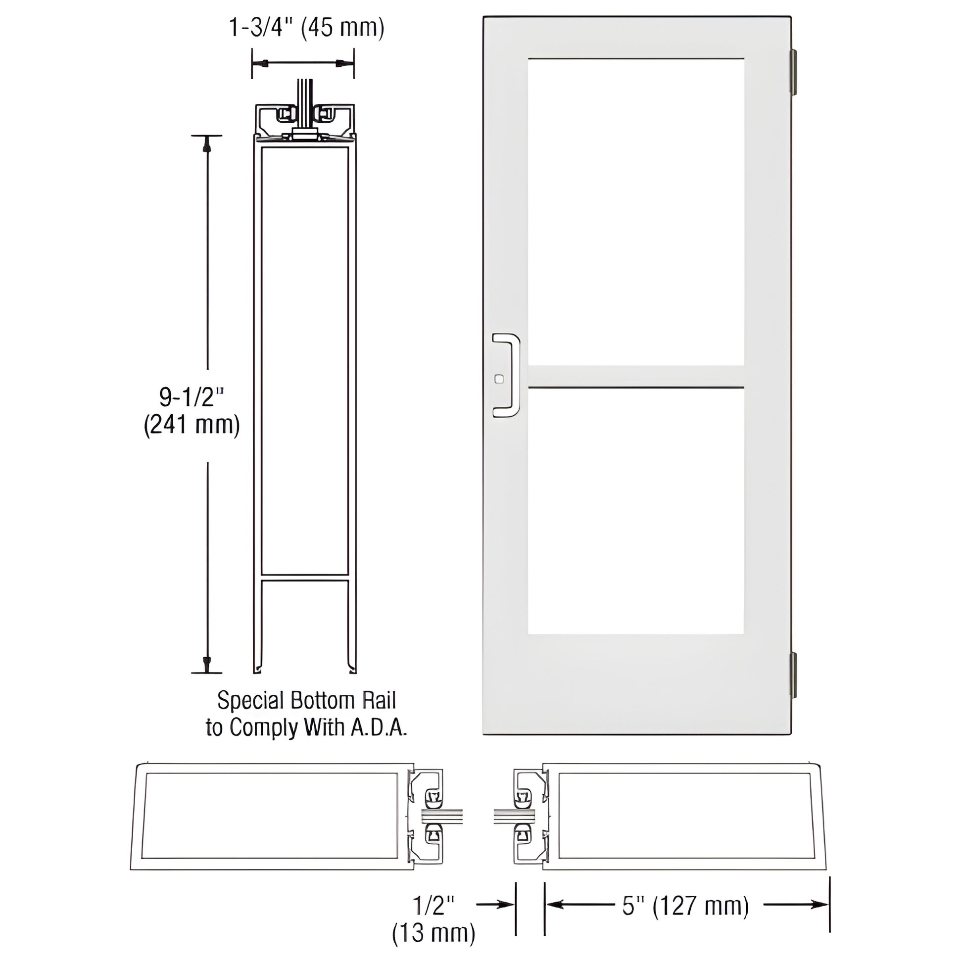 CRL CZ51552 white Kynar wide-stile commercial entrance door with 5" stiles, ADA 91 2" bottom rail and two glass panels.