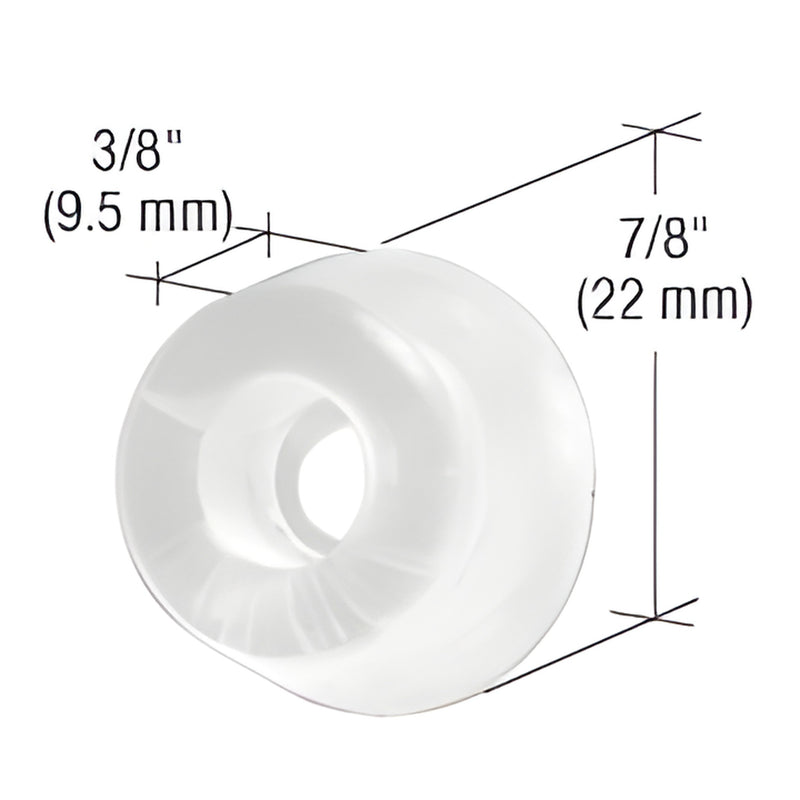 Clear semi-hard polyurethane shower door bumper (7/8" dia, 3/8" width), SKU M6164 - self-adhesive or screw-mount, pack of 4.