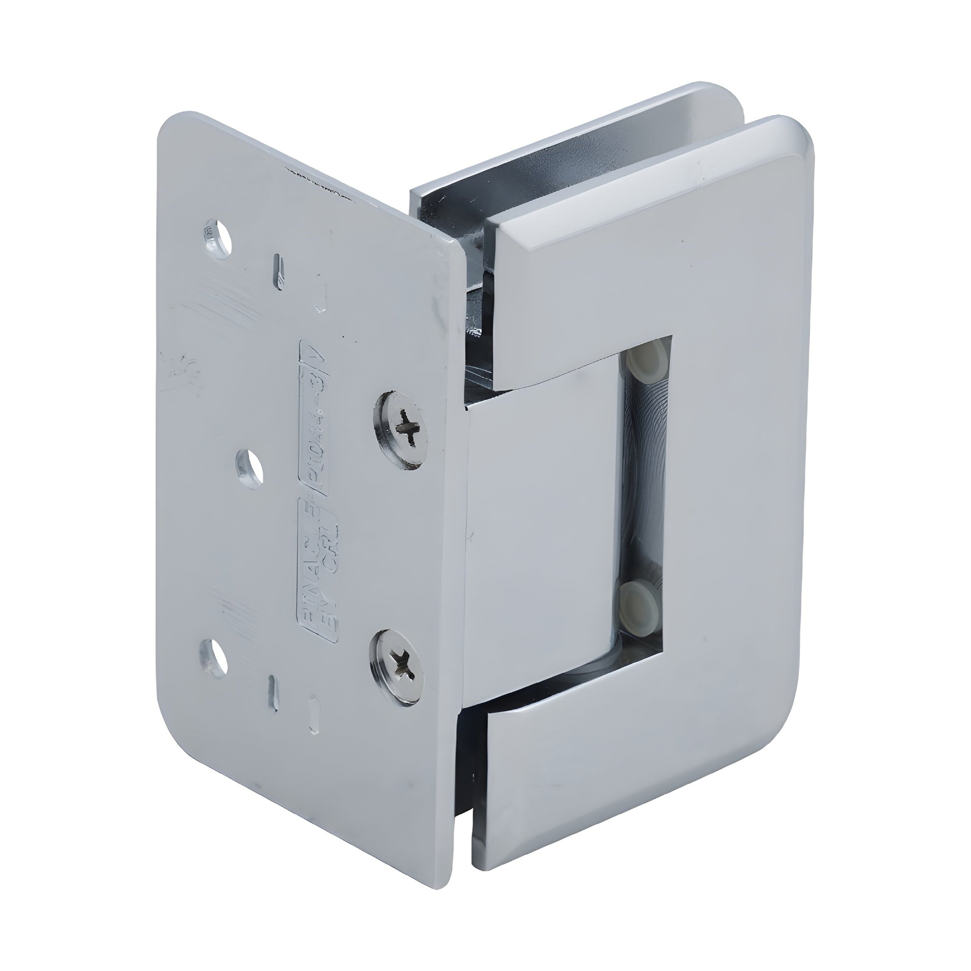 Pinnacle polished chrome shower door hinge (SKU P1N044CH), solid brass wall-mount offset back plate for 8-12mm glass.