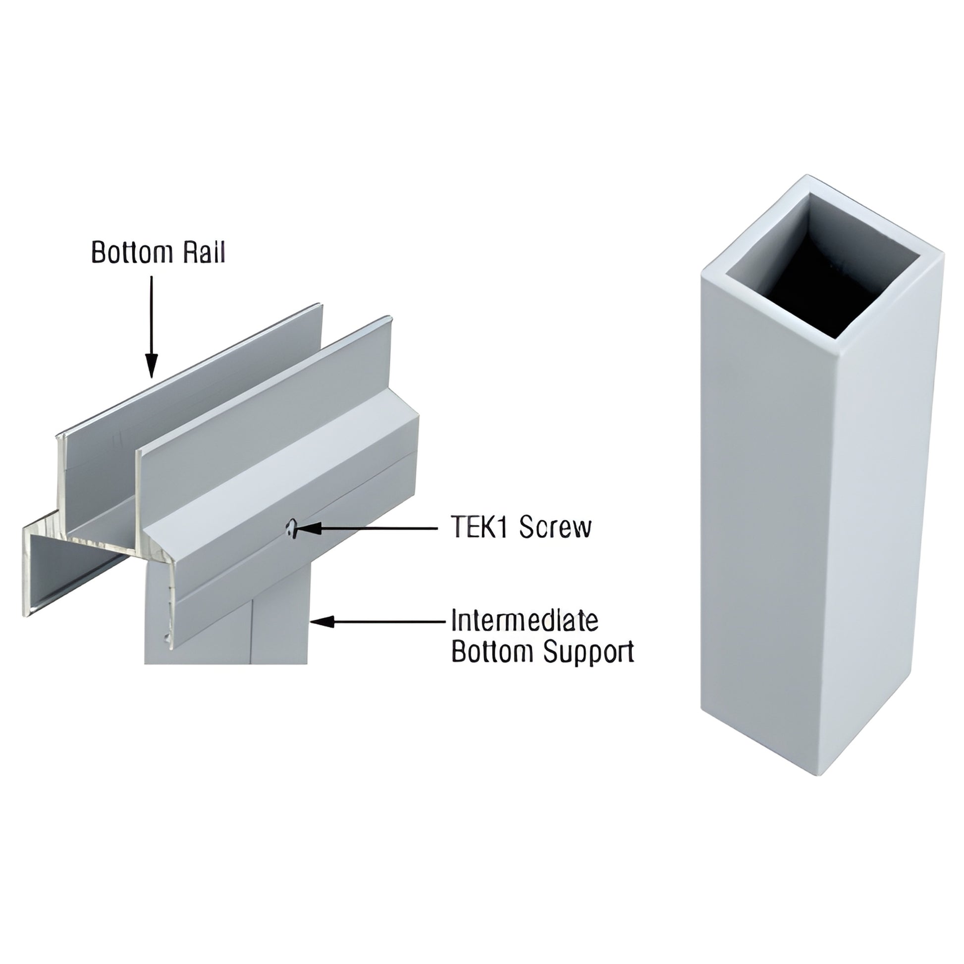 12 in aluminum mill finish intermediate bottom support for CRL bottom rail, rectangular hollow sleeve (SKU 1BSM)
