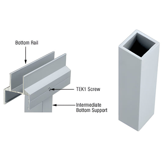 12 in aluminum mill finish intermediate bottom support for CRL bottom rail, rectangular hollow sleeve (SKU 1BSM)