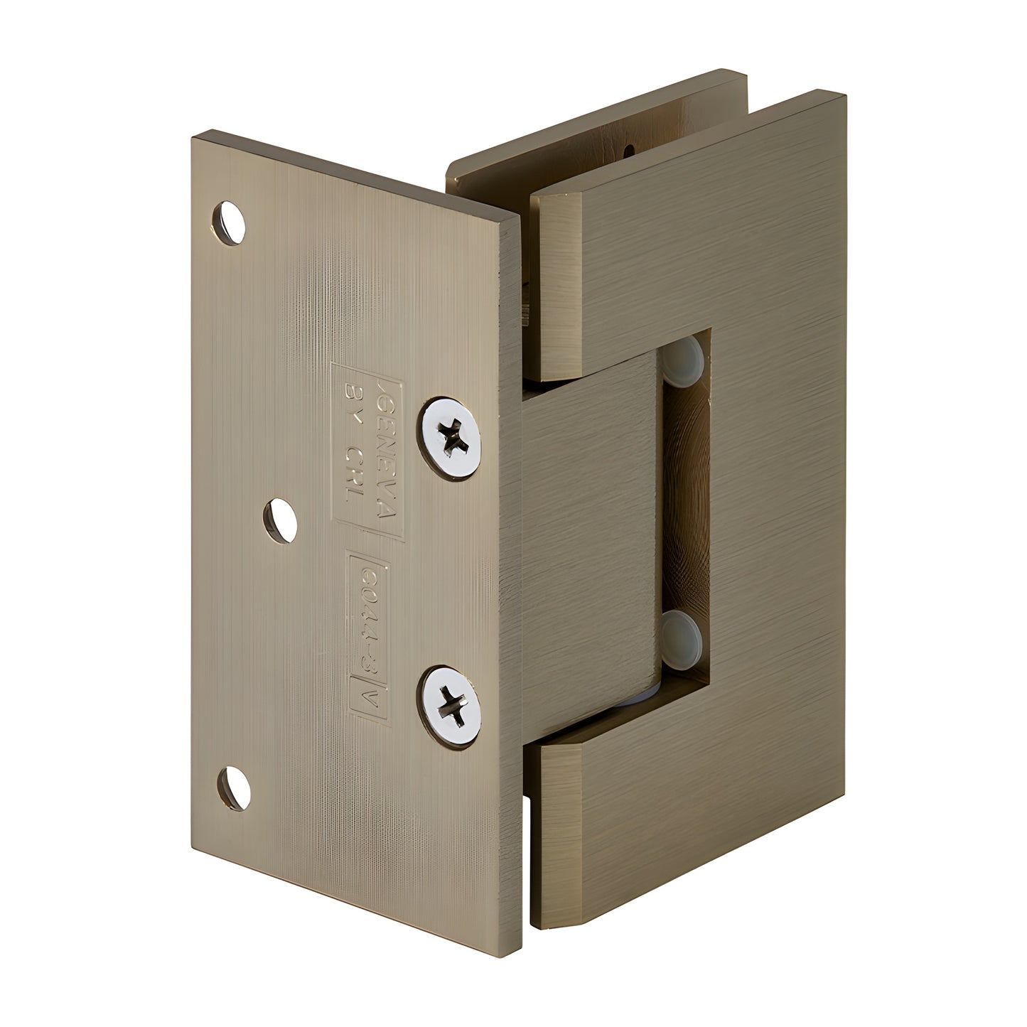 Brushed bronze brass Geneva shower door hinge (GEN044BBRZ) wall mount offset, fits 8-12mm tempered glass.