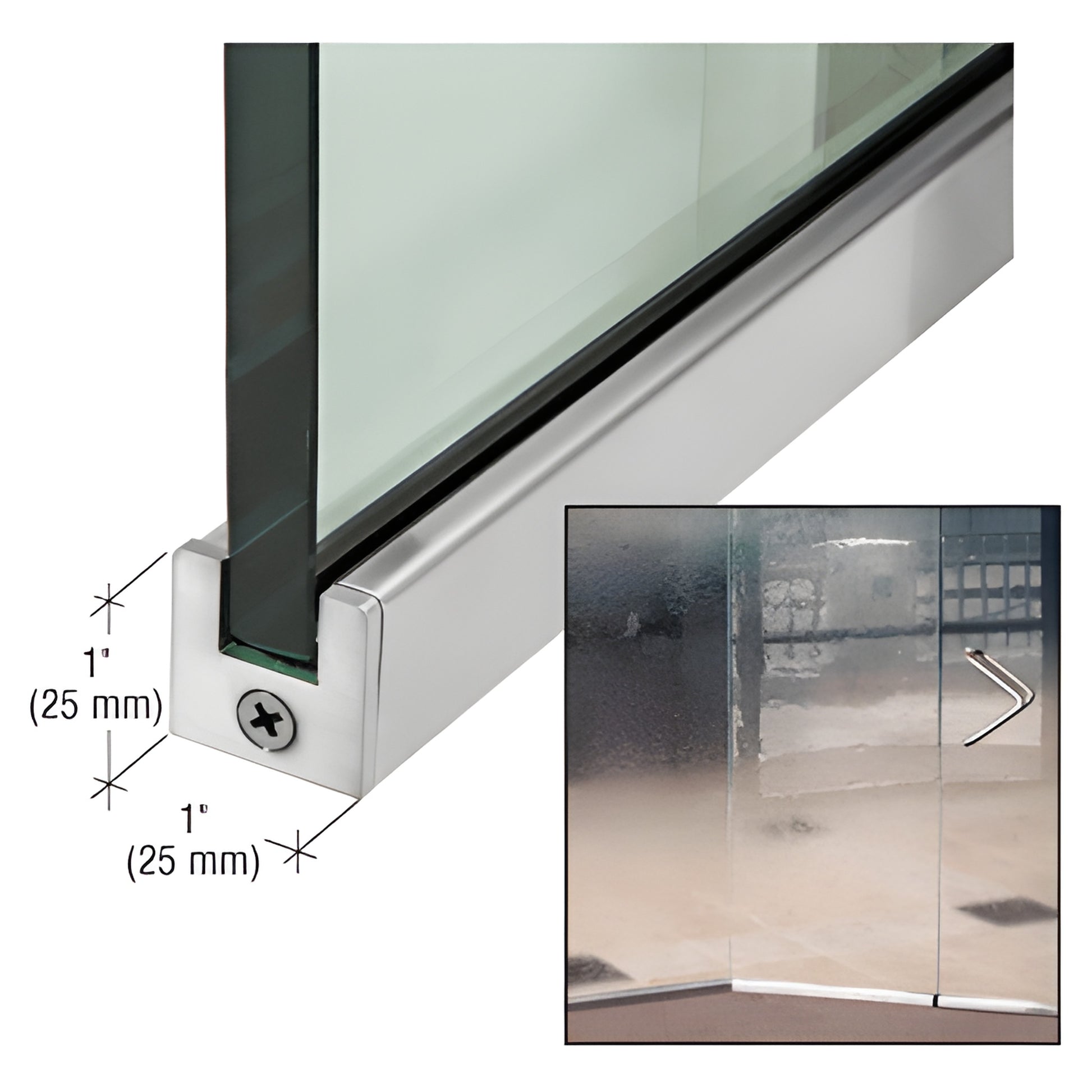 Brushed stainless steel slender door rail for 1/2 in (12 mm) glass, SKU SP25BS12C