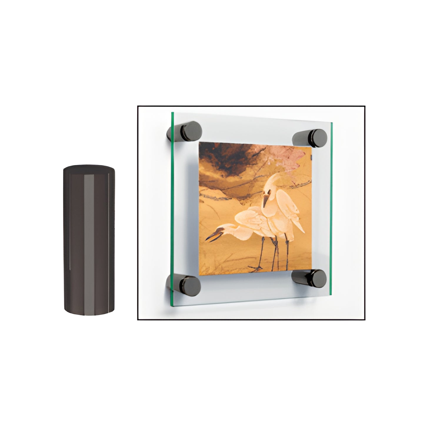 CRL 3/4 inch gun metal standoff (SKU S0B342GM) mounting a glass panel with artwork - brass cylinder hardware, 2" length shown