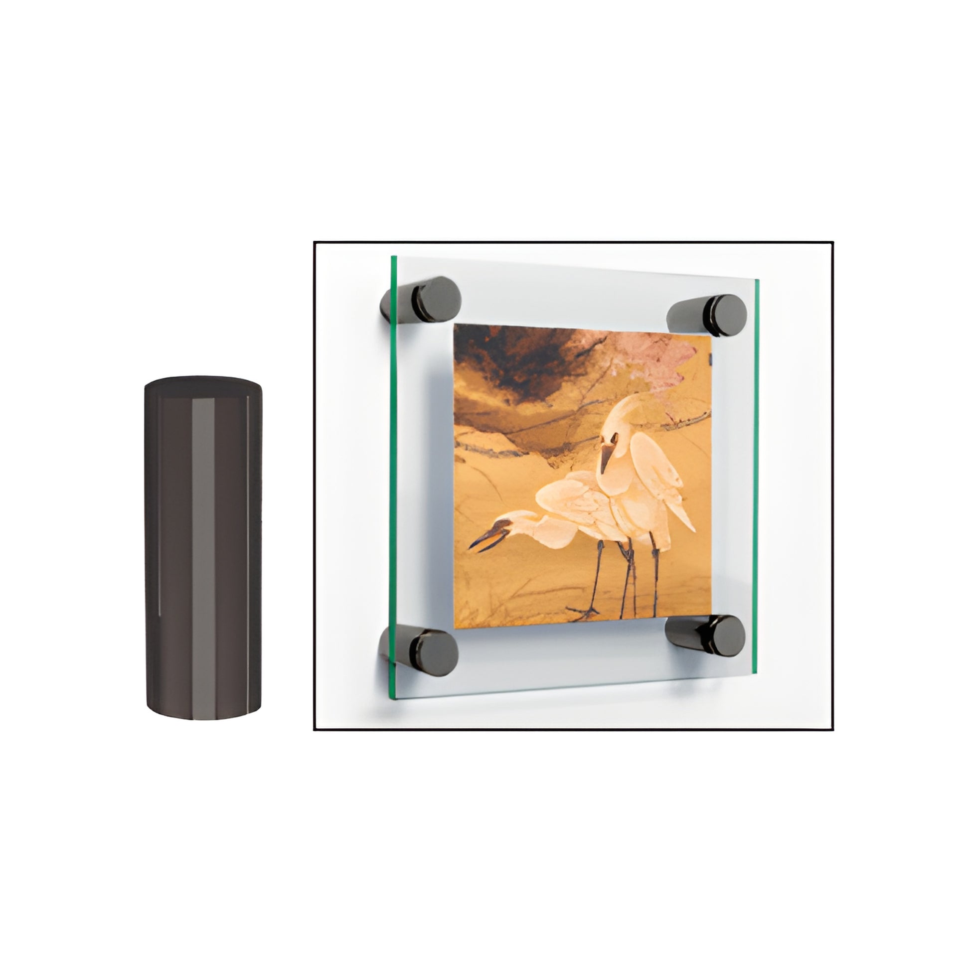 CRL 3/4 inch gun metal standoff (SKU S0B342GM) mounting a glass panel with artwork - brass cylinder hardware, 2" length shown