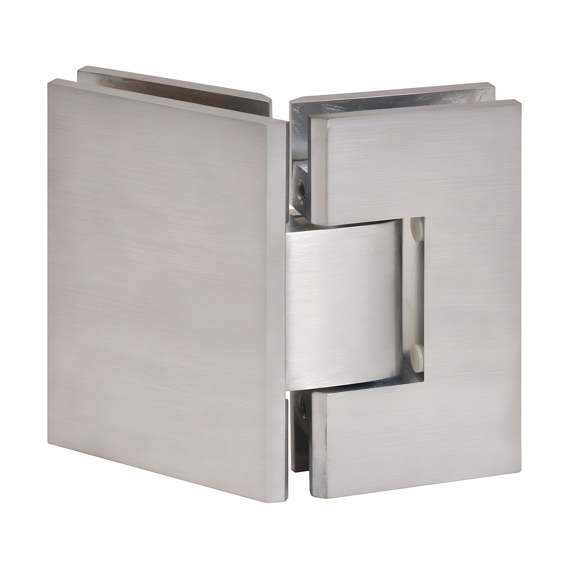 Brushed chrome square glass-to-glass shower hinge (Vienna) for 3/8-1/2 tempered glass, 135 pivot, solid brass.