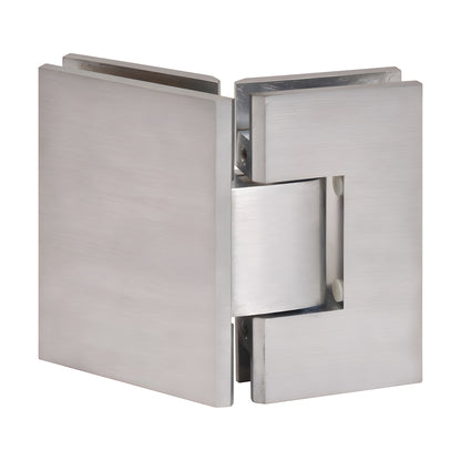 Brushed chrome square glass-to-glass shower hinge (Vienna) for 3/8-1/2 tempered glass, 135 pivot, solid brass.