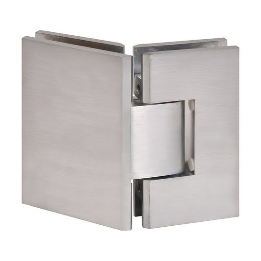 Brushed chrome square glass-to-glass shower hinge (Vienna) for 3/8-1/2 tempered glass, 135 pivot, solid brass.
