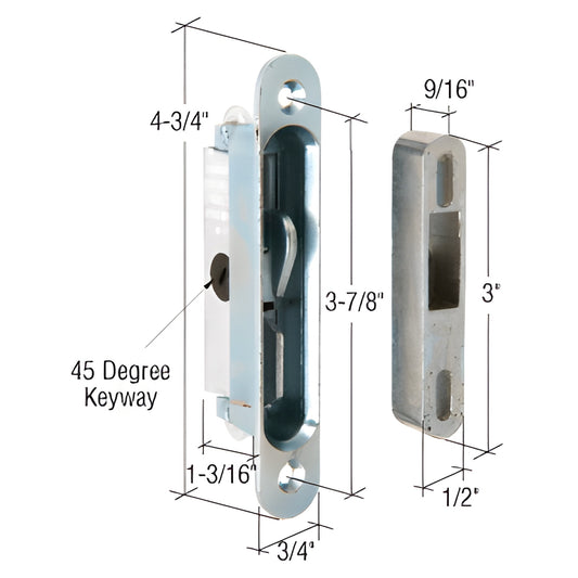 Pennco replacement door latch SKU E2079 - aluminum faceplate with stamped steel hook, 1-3/16 in depth, 45 keyway