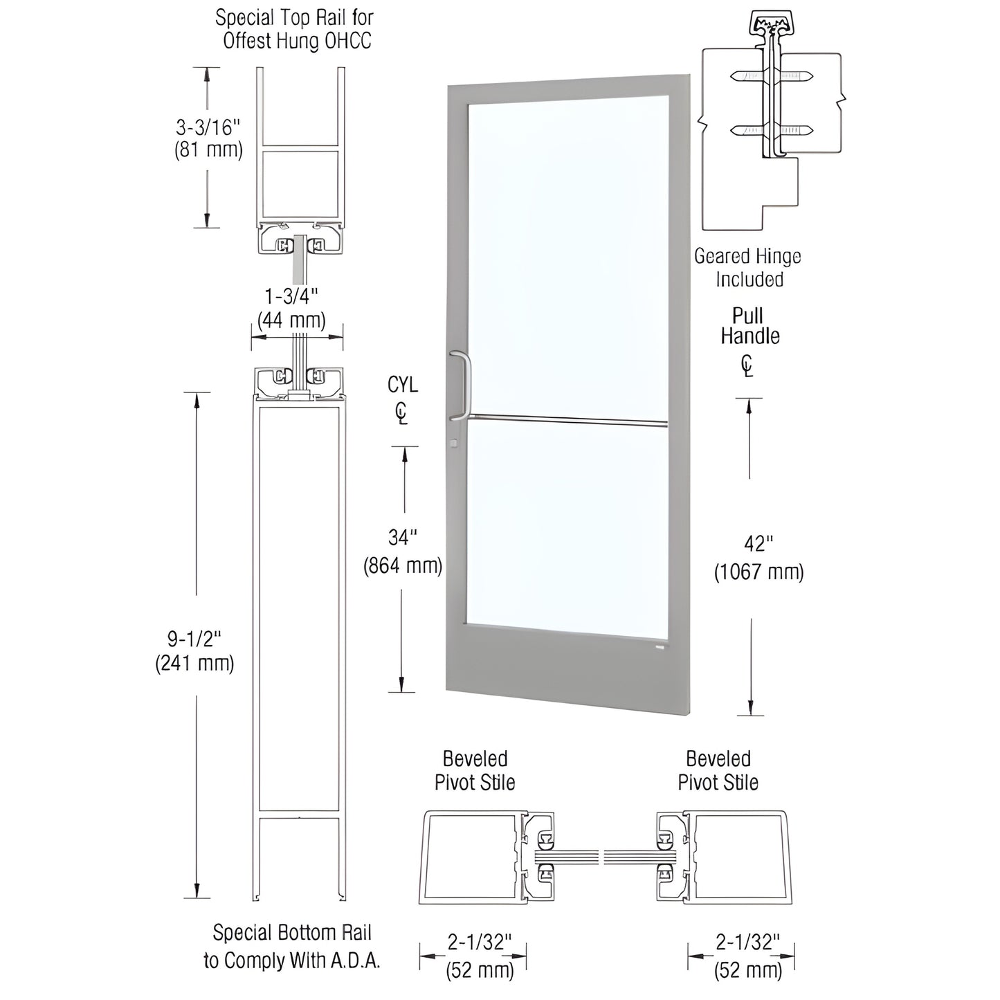CRL 250 narrow stile 36x84 clear anodized commercial glass door with 91 2" ADA bottom rail, geared hinge, push/pull hardware.